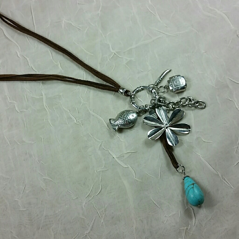 Leather Charm Necklace with Silver Flower Fish and Turquoise Drop Boho Western